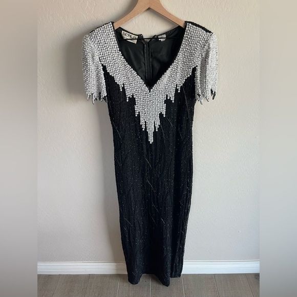 Scala Dresses & Skirts - SCALA Vintage Beaded Black And White Long Silk Gown Dress Size M